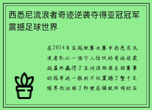 西悉尼流浪者奇迹逆袭夺得亚冠冠军震撼足球世界 西悉尼流浪者奇迹逆袭夺得亚冠冠军震撼足球世界
